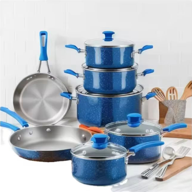 Conjunto de panelas de preço competitivo com grelha, conjunto de panelas de 13 peças, conjunto de panelas revestidas de granito duplo de marca