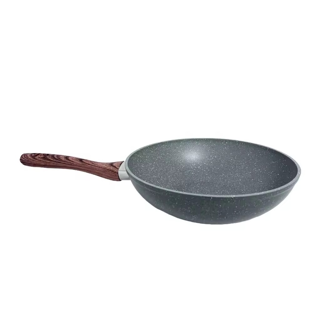 Panela wok antiaderente de mármore com tampa de vidro, cozinha de indução com alça de toque macio de madeira, panela wok antiaderente de alumínio forjado