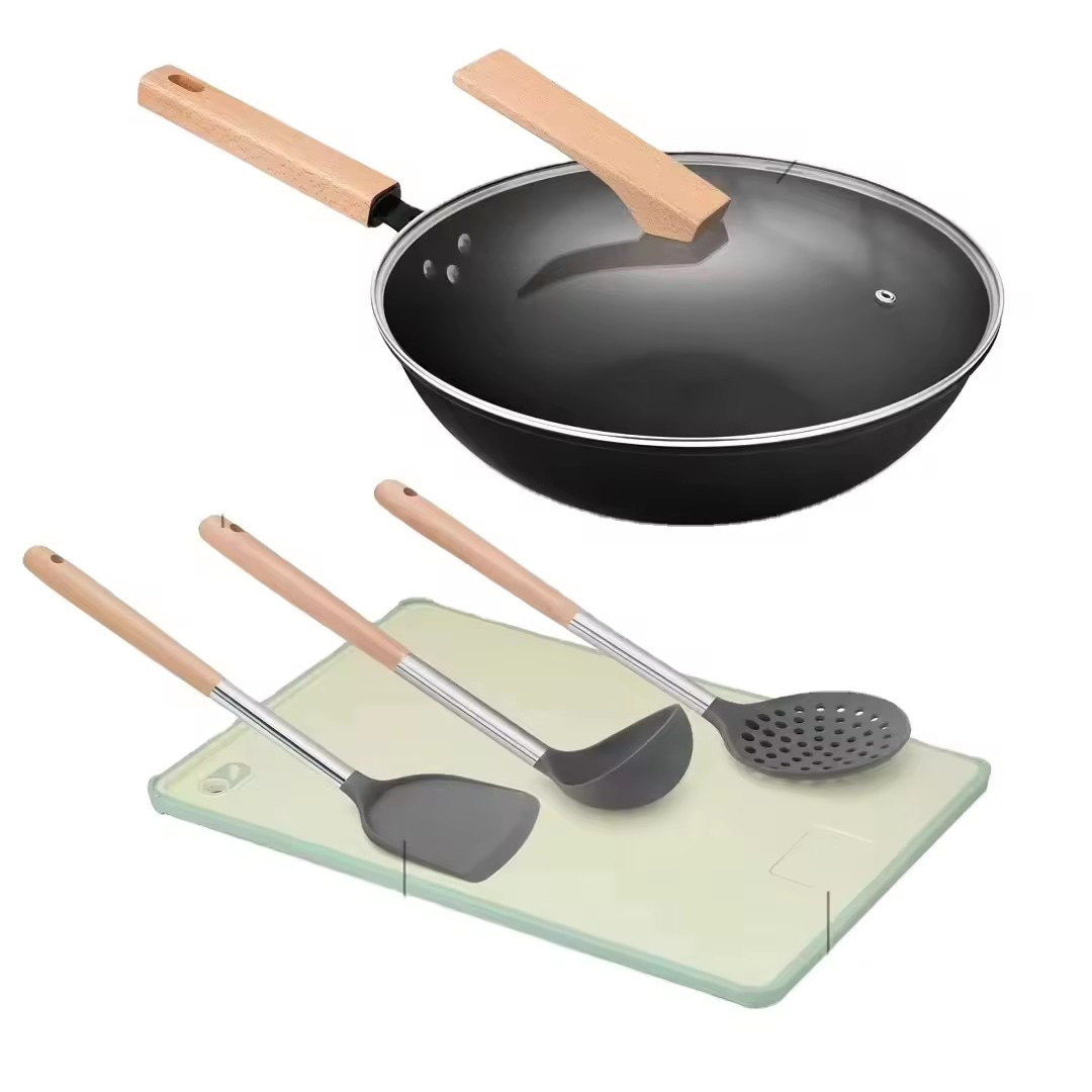 Conjunto de pote de placa de pá de cinco peças de utensílios de cozinha alça de madeira silicone antiaderente conjunto de pote de presente local