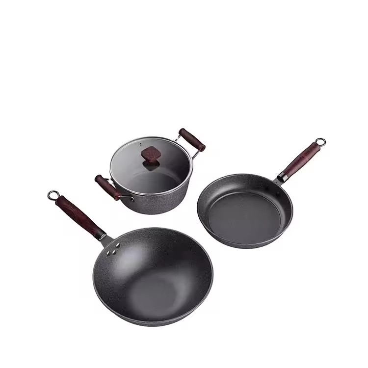 Conjunto wok de três peças com placa de trigo multifuncional, frigideira antiaderente para presente de atividade